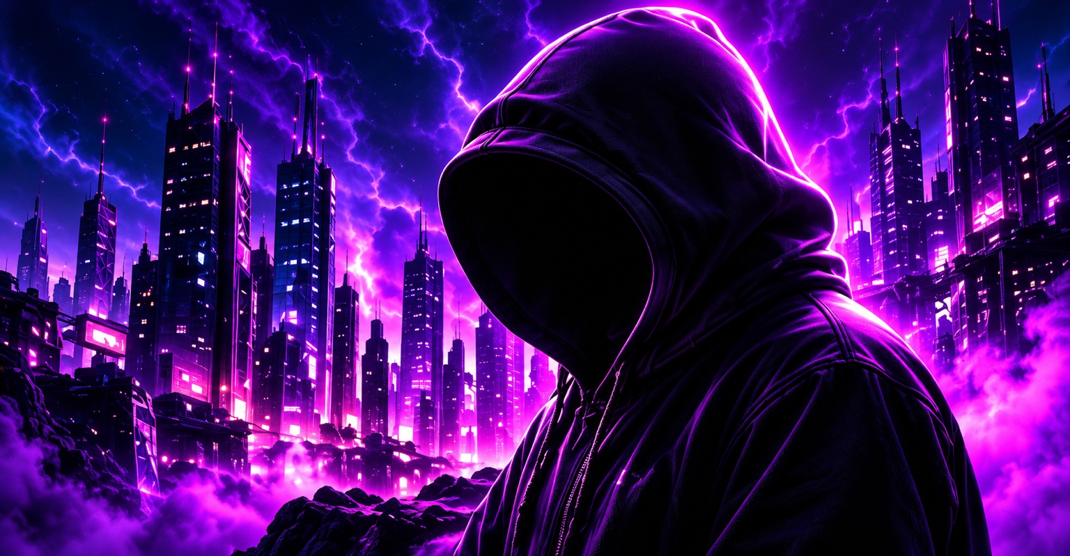 NOBODY hooded figure overlooking neon city