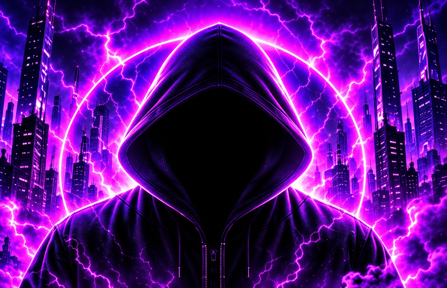 Faceless NOBODY hooded figure in neon city